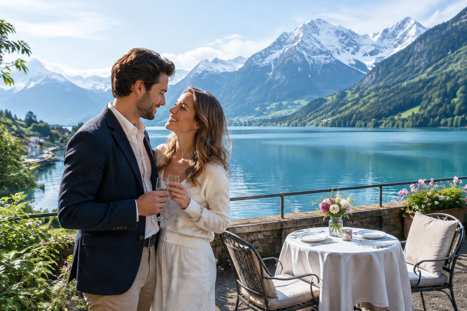A newlywed couple stands together beside a turquoise lake in the Swiss Alps.