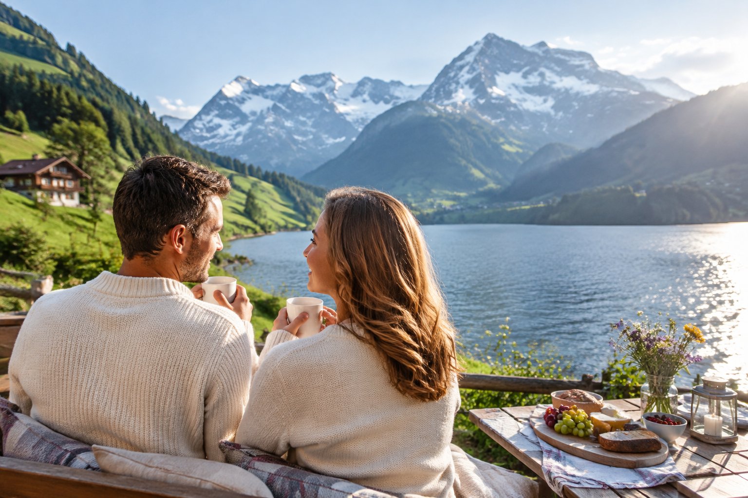 A couple shares a quiet lakeside moment with the Swiss Alps in the background.
