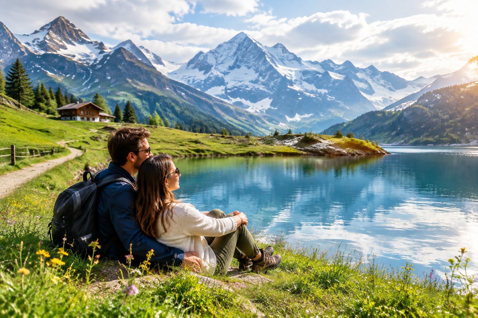 A newlywed couple stands beside an alpine lake with the Swiss mountains in the background.