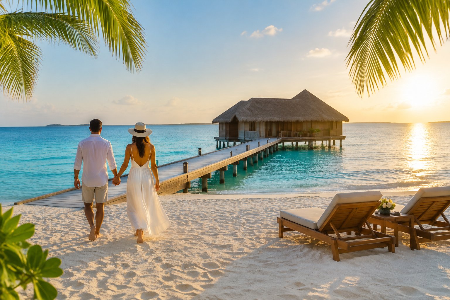 A couple walks hand in hand along a sandy beach toward an overwater villa in the Maldives.