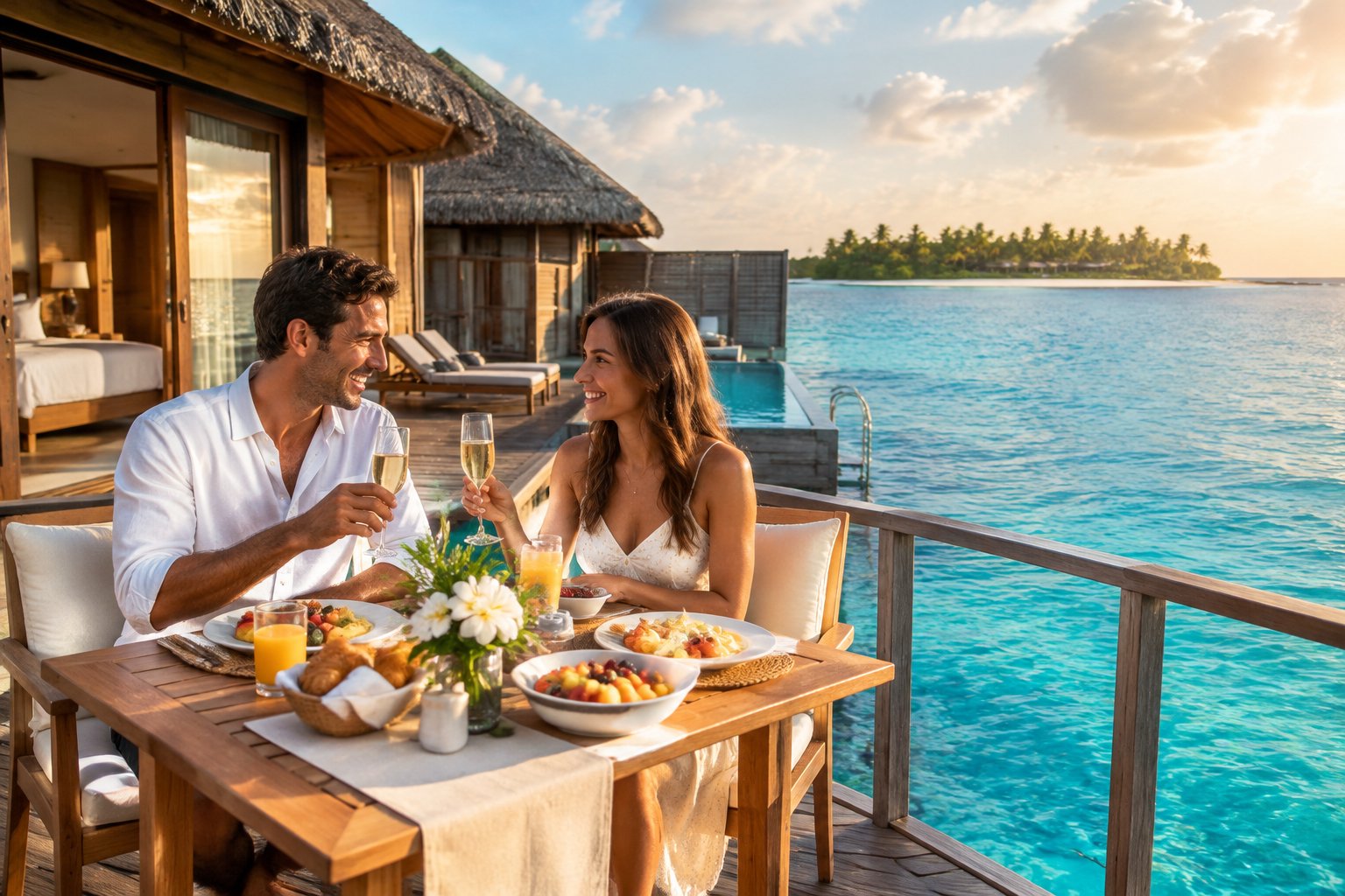 A couple shares a meal on an overwater villa deck in the Maldives.