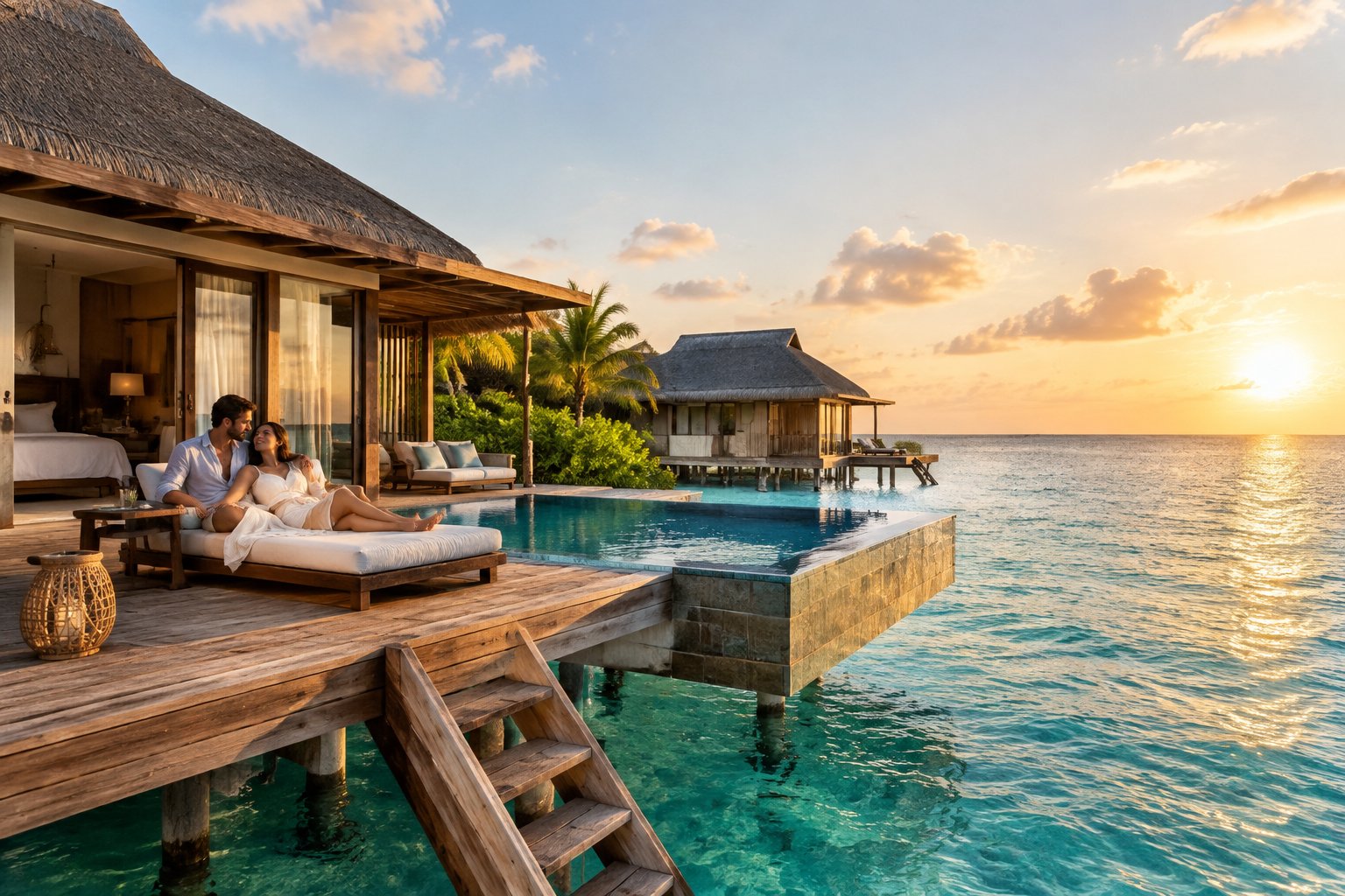 A couple relaxes on a villa deck above clear tropical water.
