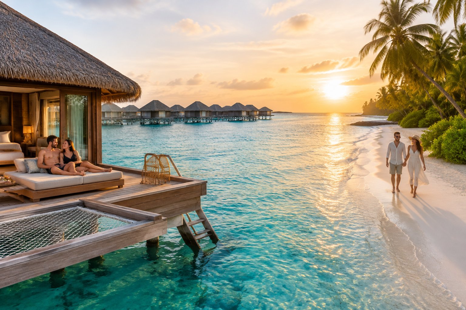 Two couples enjoy a lagoon villa and a beach walk at a Maldives resort.