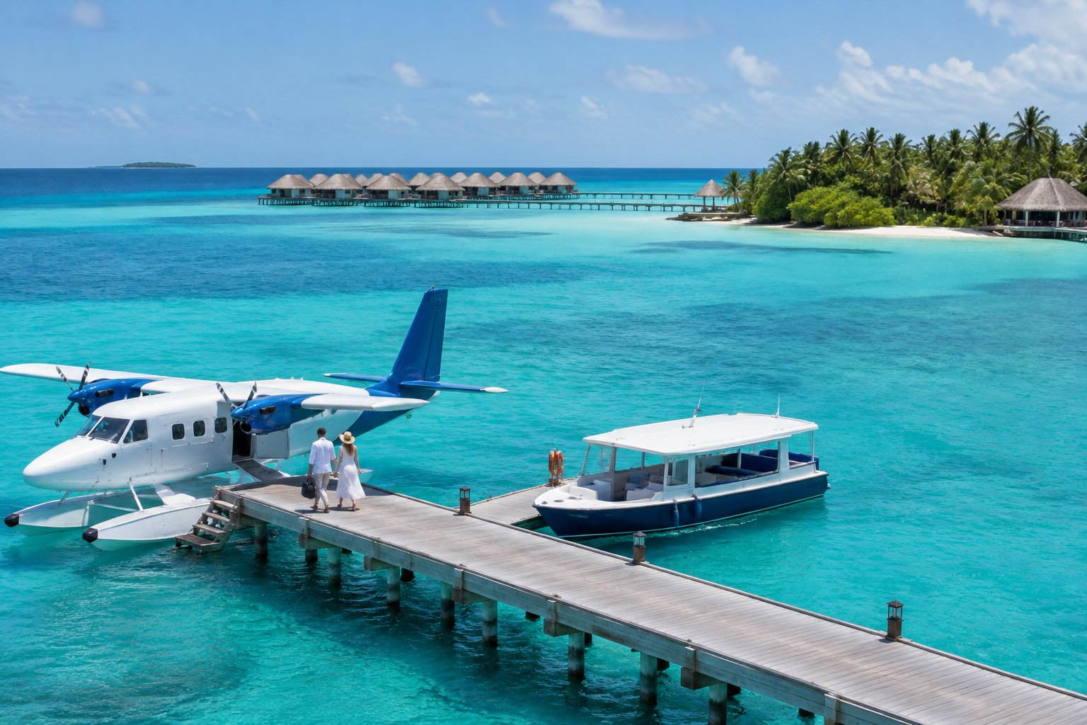 A newlywed couple arrives by seaplane at a Maldives island resort as a boat waits nearby.