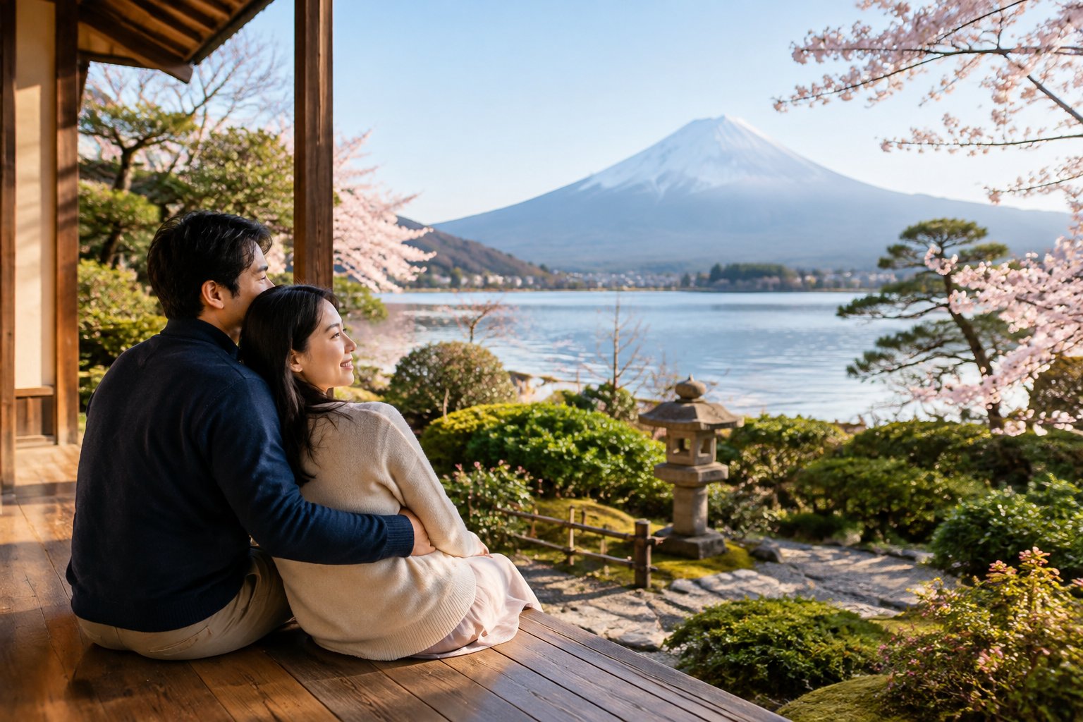 A couple relaxes on a Japanese inn terrace overlooking a garden, lake, and Mount Fuji.