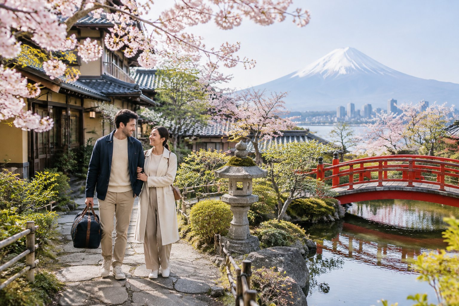 A newlywed couple explores a Japanese garden with Mount Fuji in the distance.