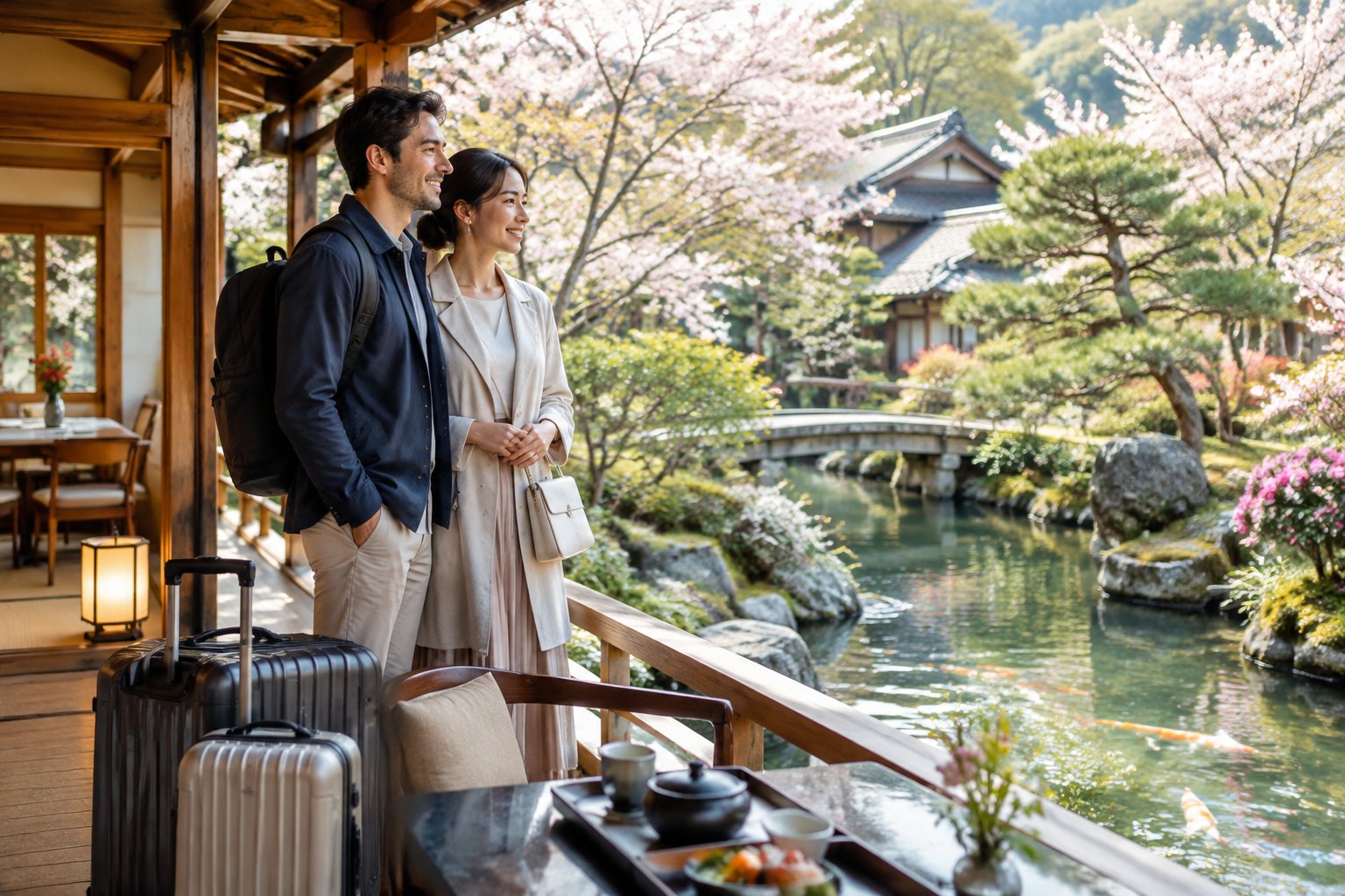 A newlywed couple enjoys a peaceful moment beside a traditional Japanese inn and garden.