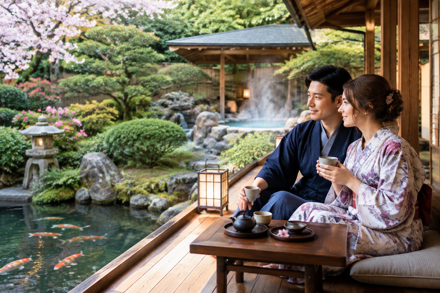 A newlywed couple shares tea on a ryokan veranda overlooking a Japanese garden.