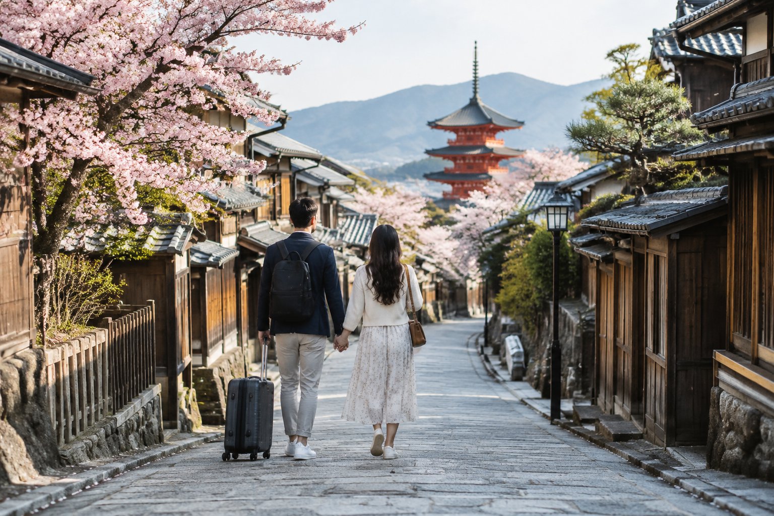 A couple walks hand in hand through a cherry-blossom-lined Kyoto lane.