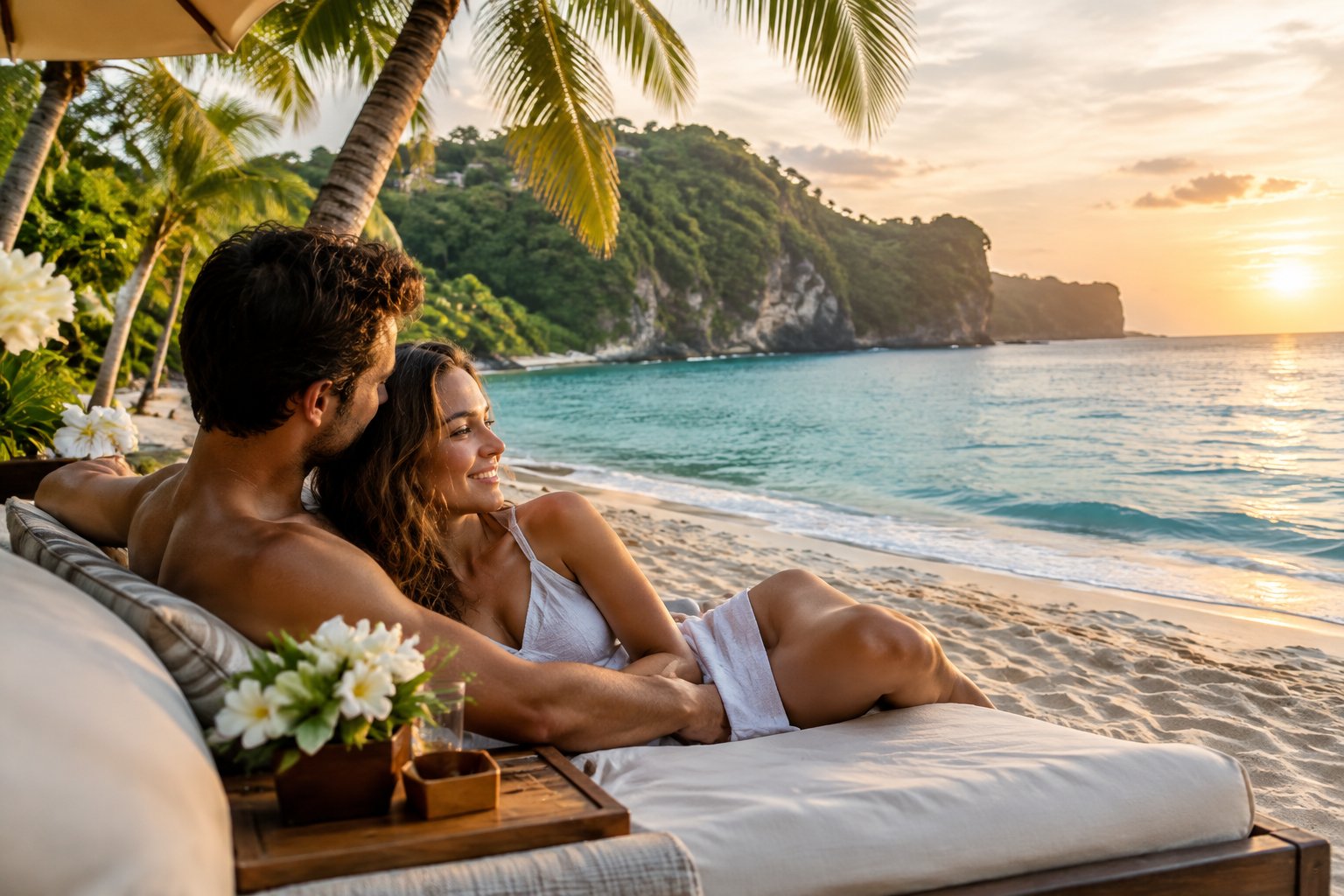 A newlywed couple relaxes together on a tropical beach in Bali.