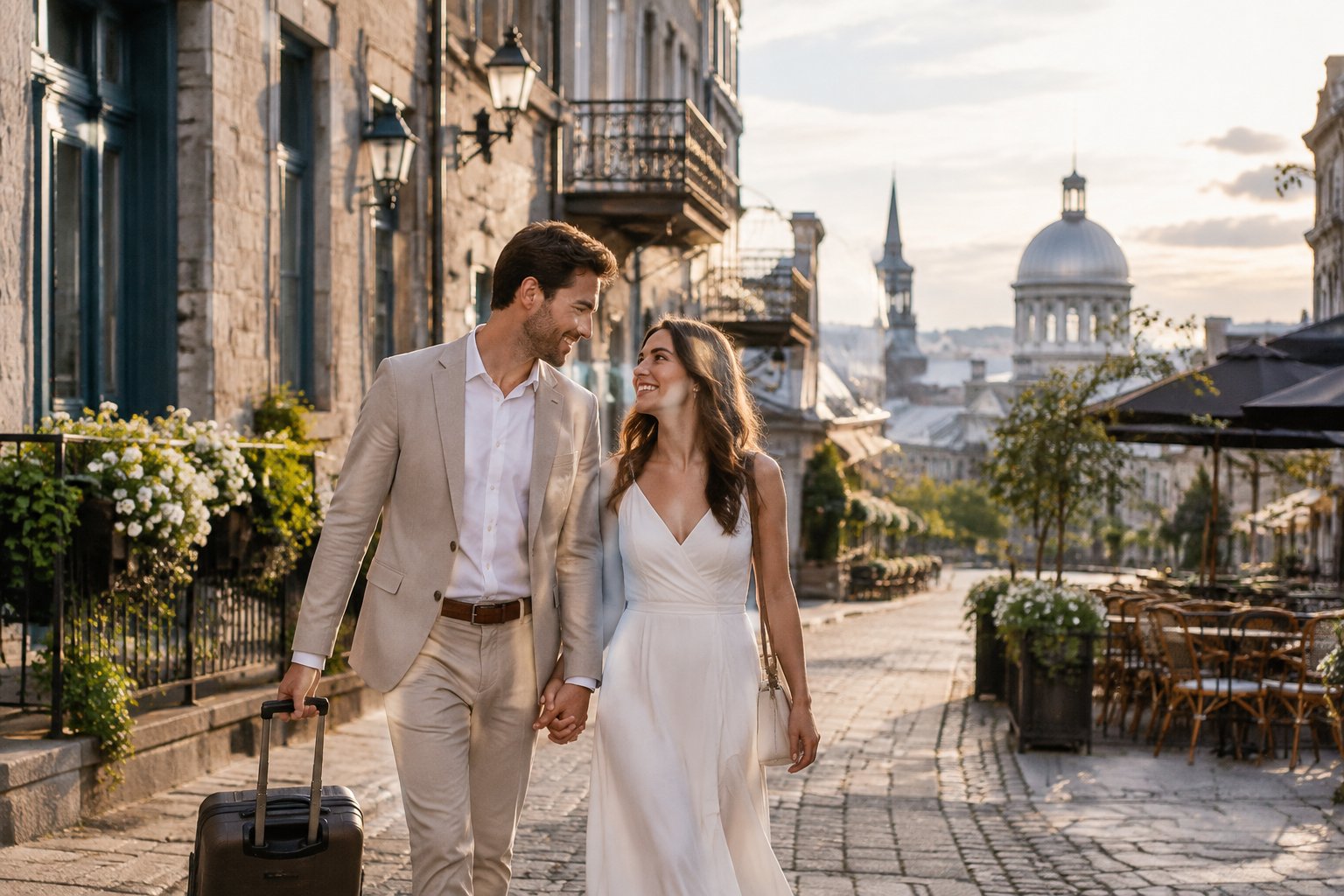 A newlywed couple strolls hand in hand along a historic street in Montreal.