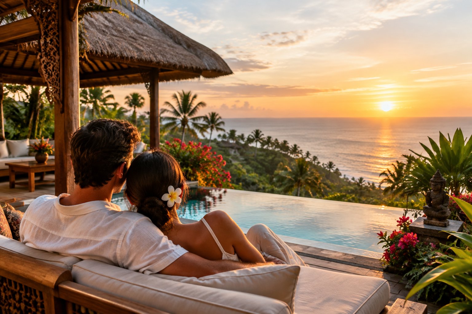 A couple relaxes on a villa terrace overlooking Bali’s tropical coastline.