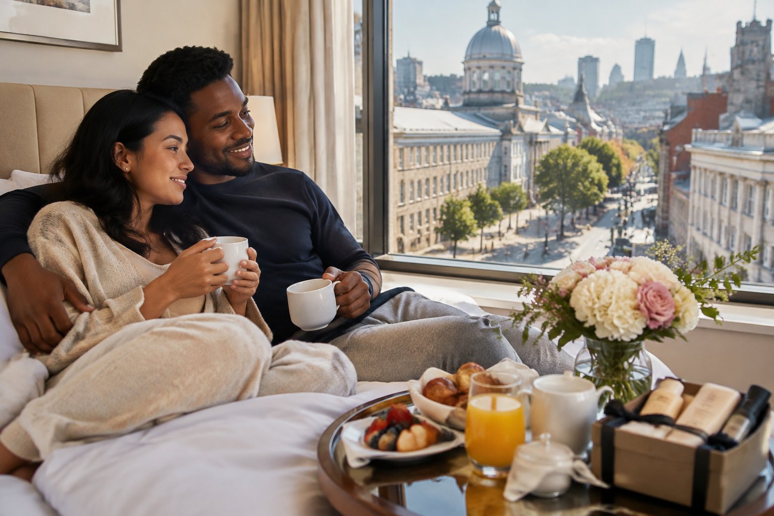 A newly married couple enjoys breakfast together in a Montreal hotel suite.