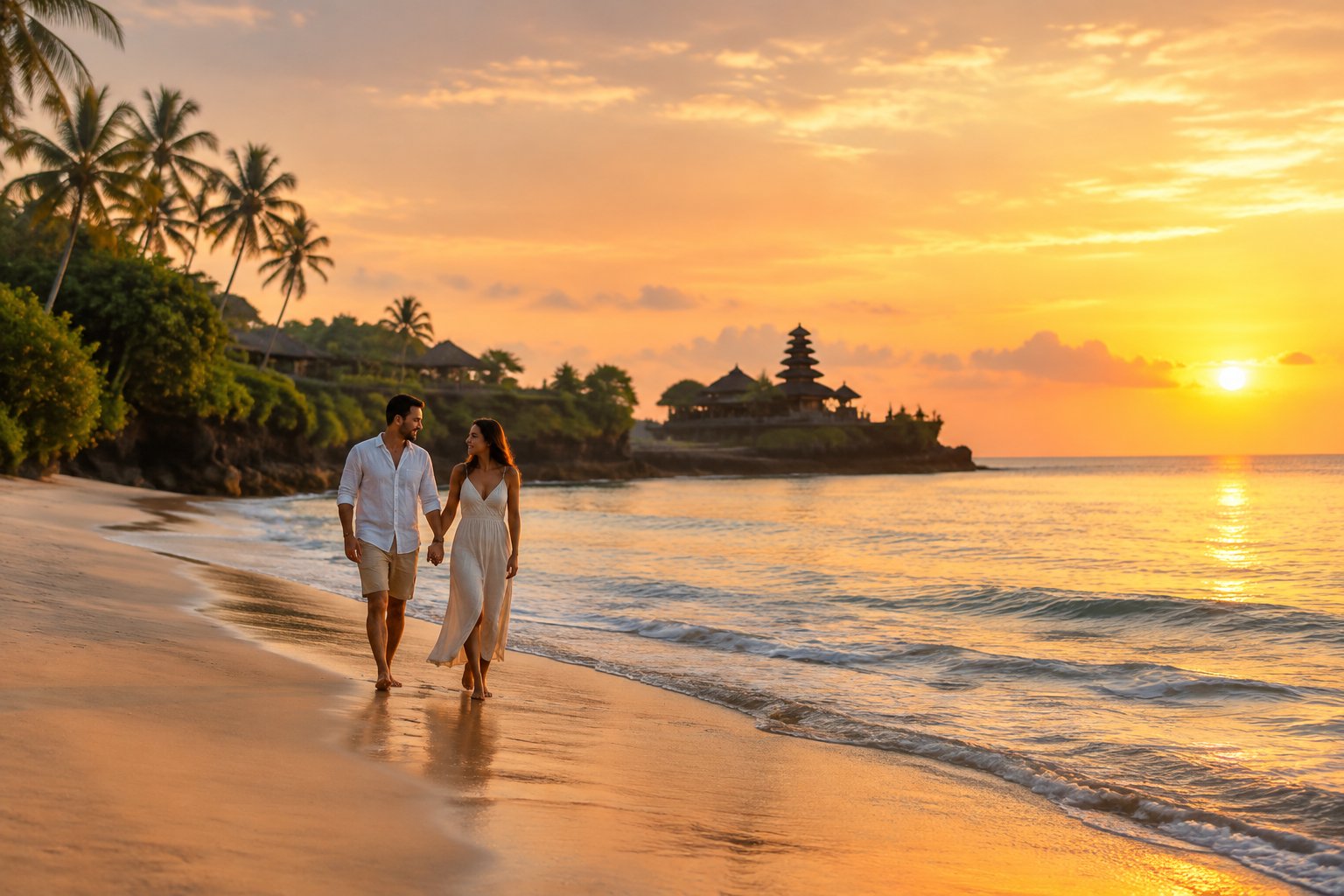 A couple walks hand in hand along a tropical beach at sunset.