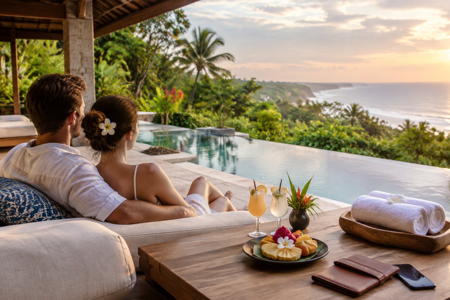 A newlywed couple relaxes on a Bali villa terrace overlooking a tropical garden and infinity pool.