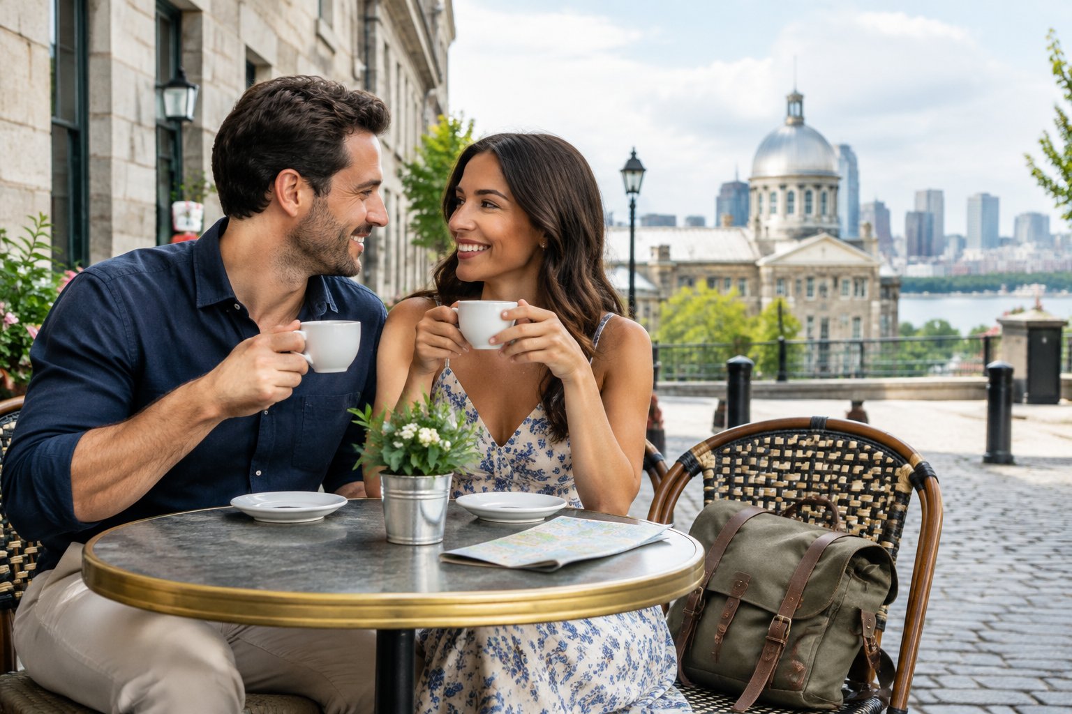 A couple shares coffee at an outdoor café in Old Montreal.
