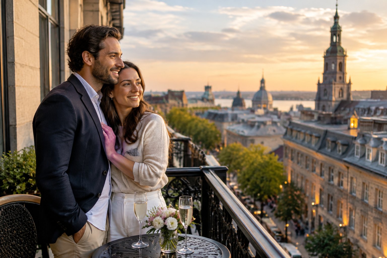 A couple shares a romantic moment on a hotel balcony overlooking historic Montreal.