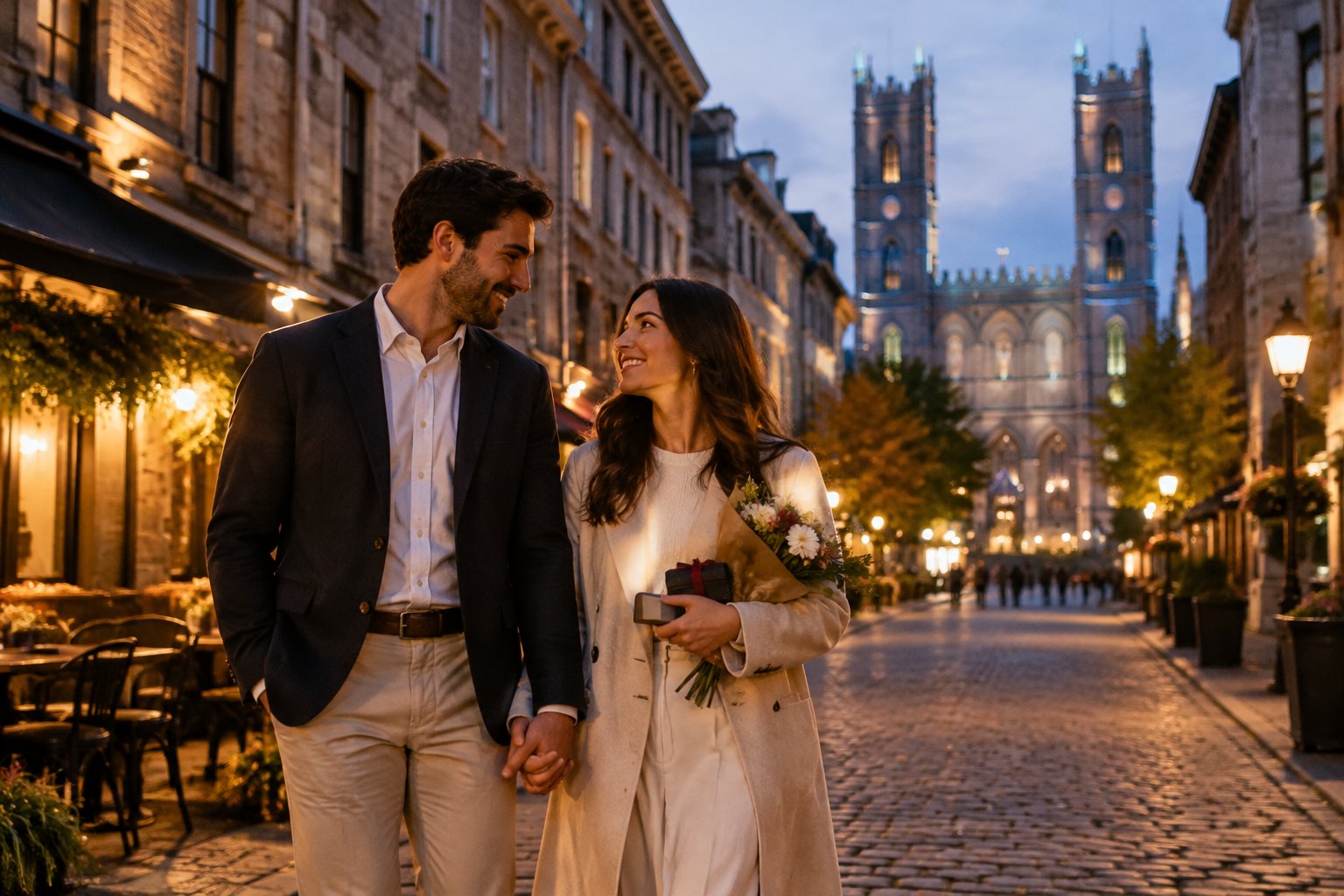 A newlywed couple walks hand in hand along a warmly lit street in Old Montreal.