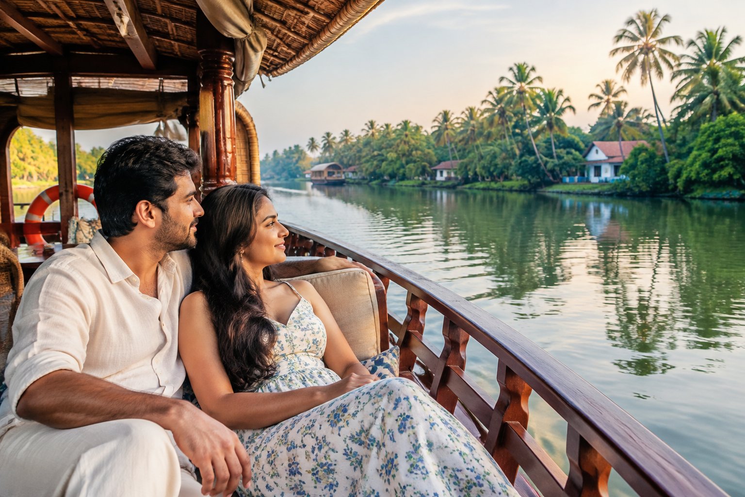 A couple relaxes on a houseboat amid Kerala’s green backwaters.