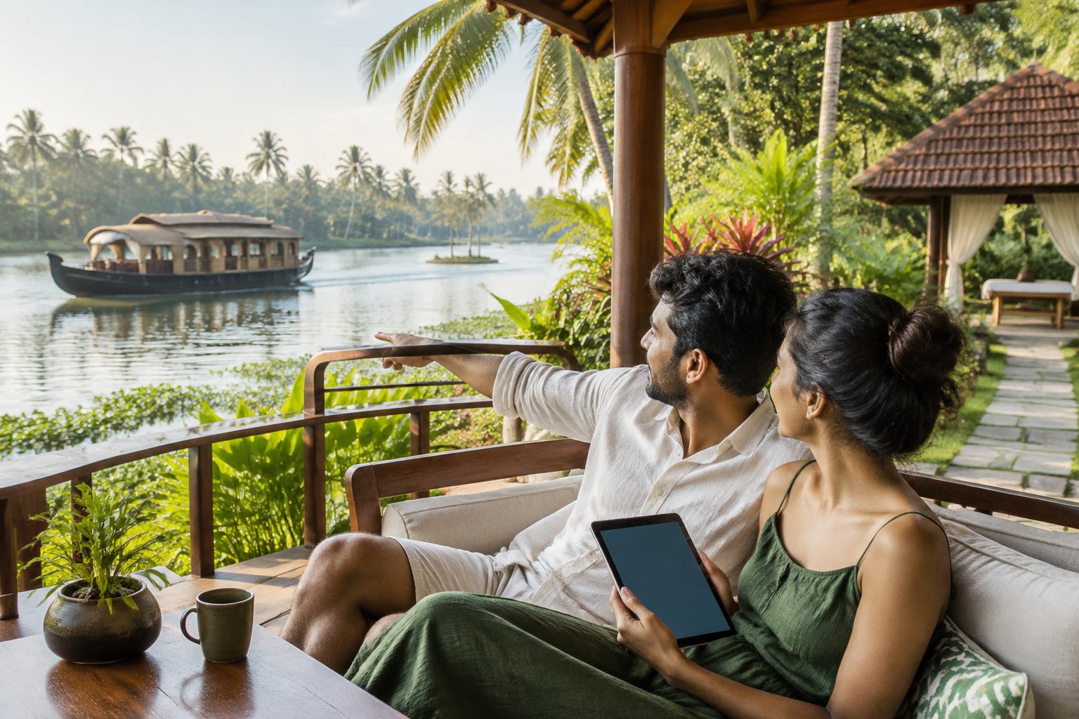 A couple discusses their plans beside a Kerala backwater resort.