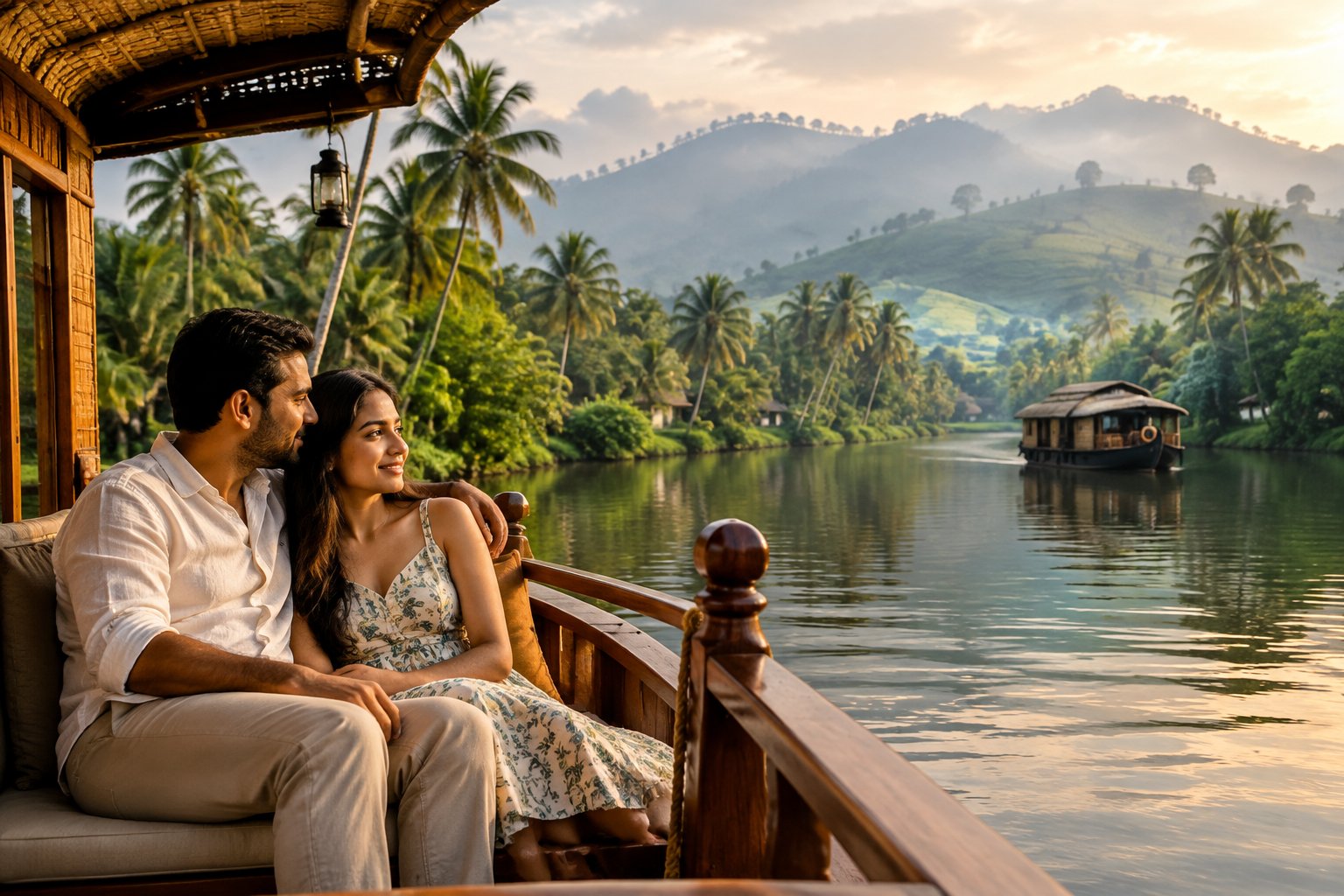 A couple relaxes aboard a houseboat on a lush Kerala backwater.