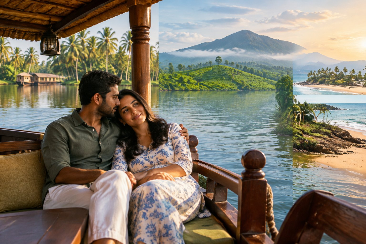 A couple shares a quiet moment on a Kerala backwater houseboat.