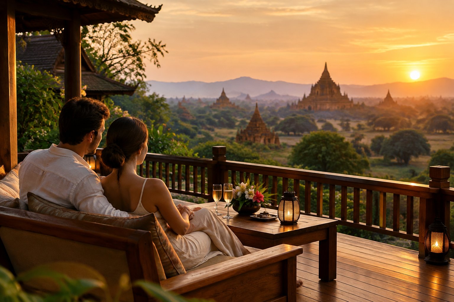 A couple shares a romantic moment on a terrace overlooking the temples of Bagan.