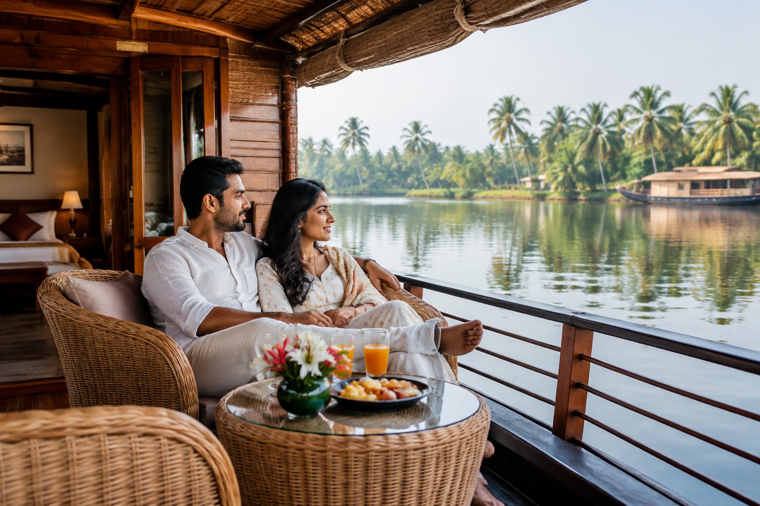 A newlywed couple relaxes aboard a houseboat on Kerala’s backwaters.