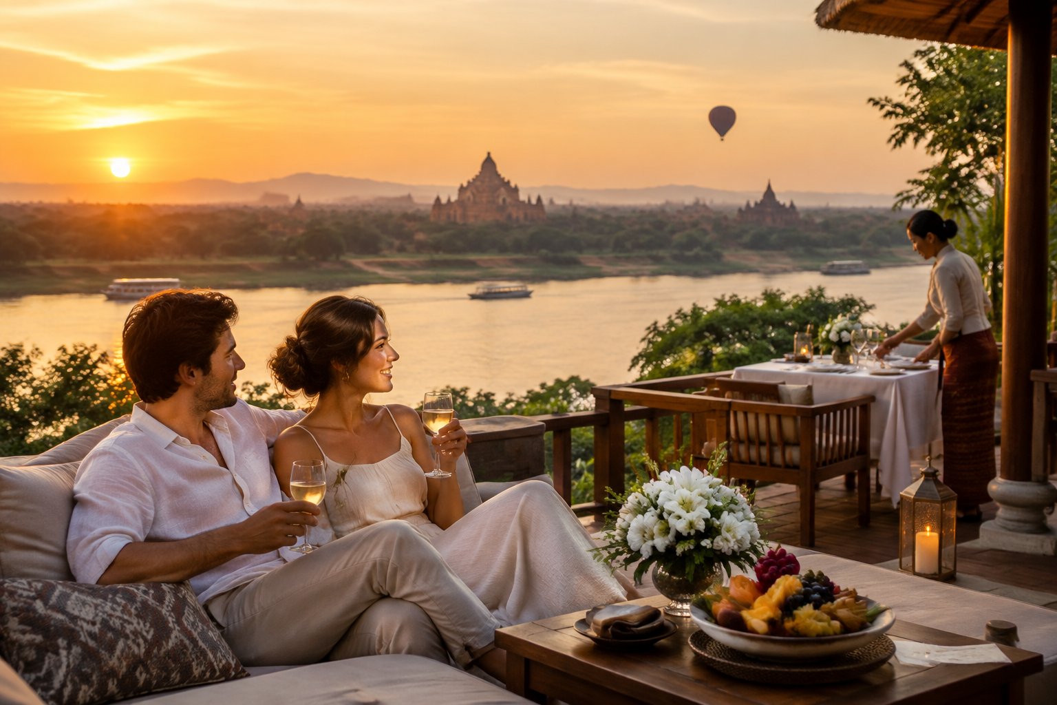 A couple shares a romantic evening on a riverside terrace overlooking Bagan’s temples.