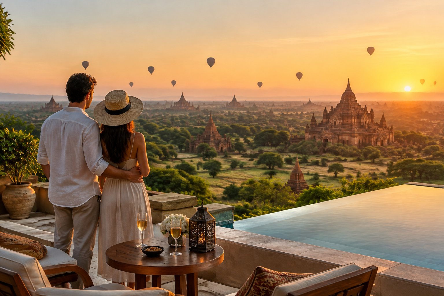 A couple watches hot-air balloons float above the temples of Bagan.