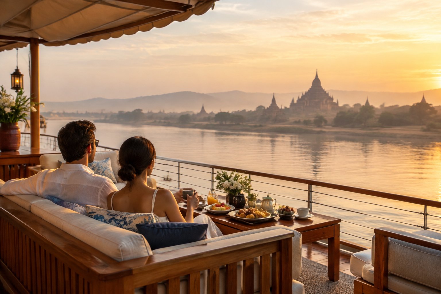 A couple relaxes aboard a riverboat on the Irrawaddy River, with Bagan’s pagodas in the distance.
