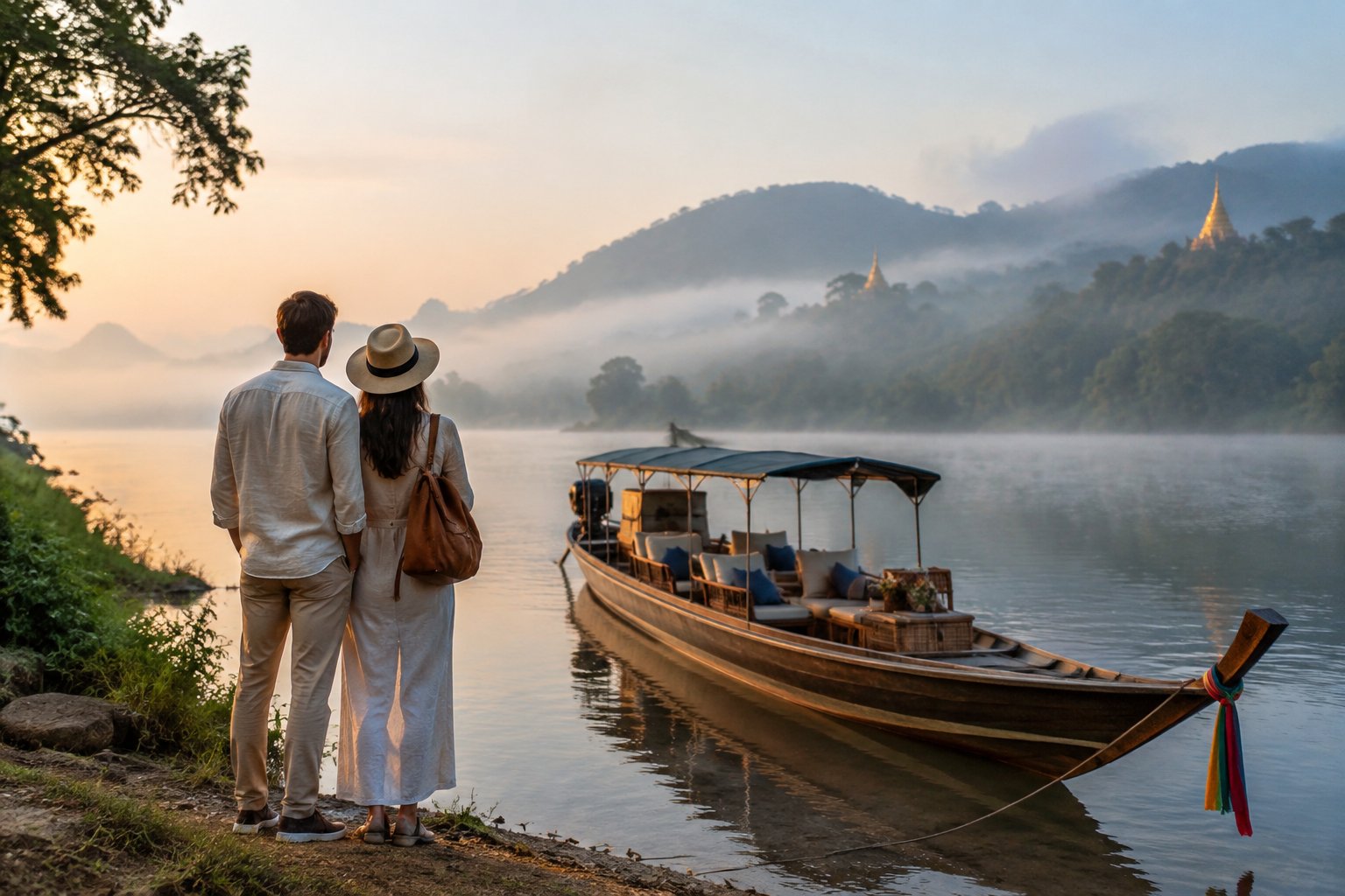 A couple stands beside a quiet river as a boat waits among misty hills and distant temples.