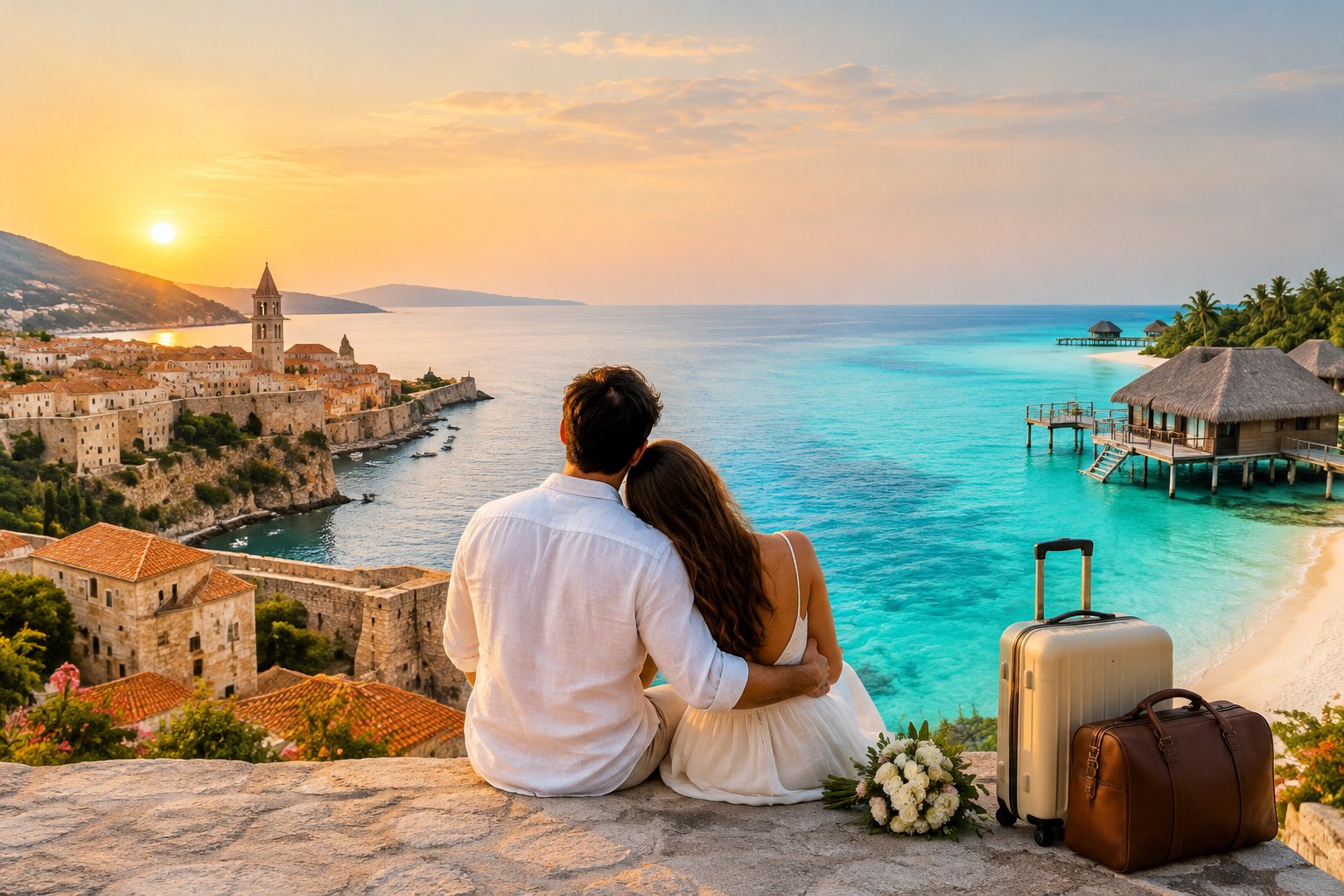 A newlywed couple looks out at a coastal village beside a turquoise lagoon and overwater villa.