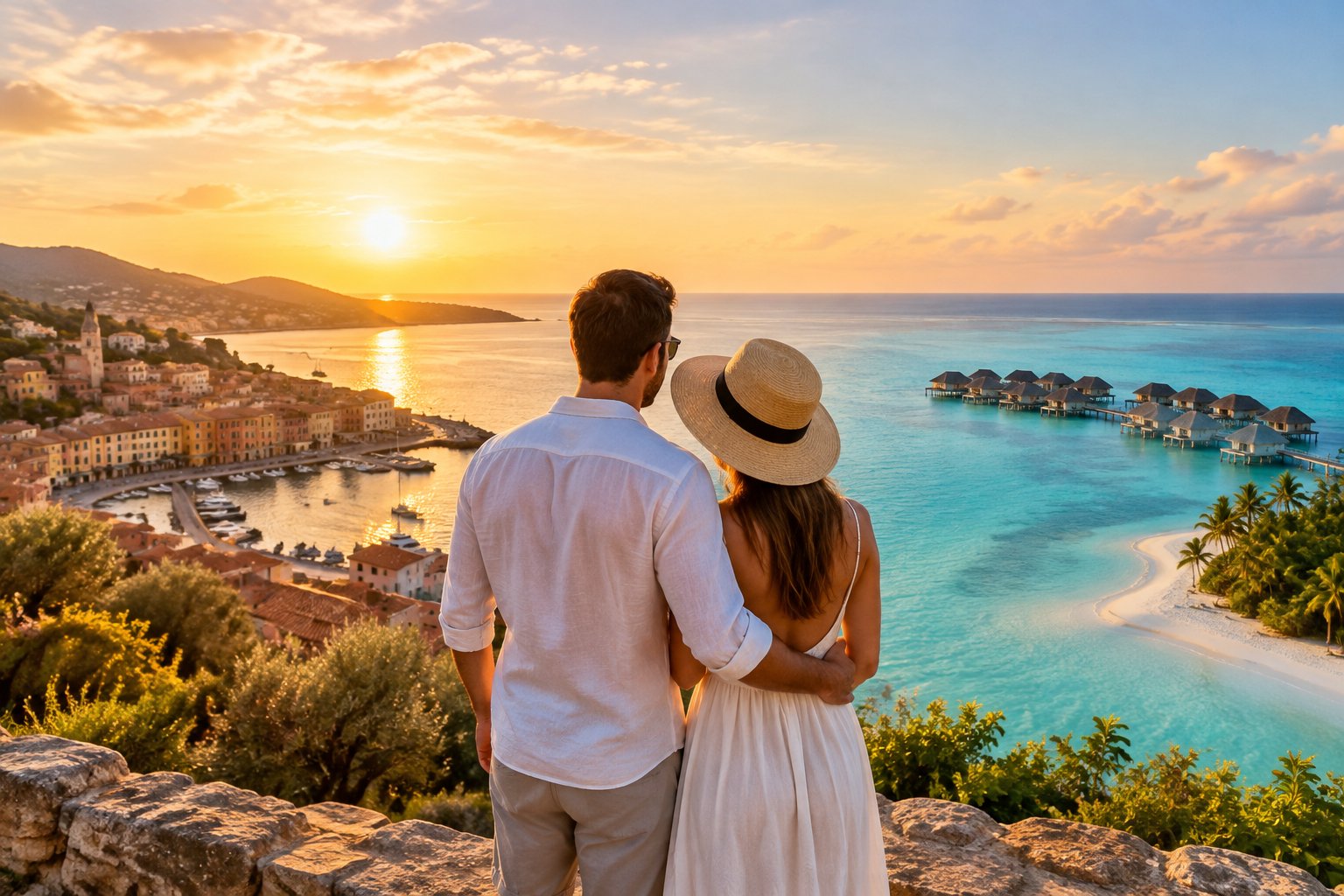 A newlywed couple looks out over a European seaside village and a turquoise island lagoon.