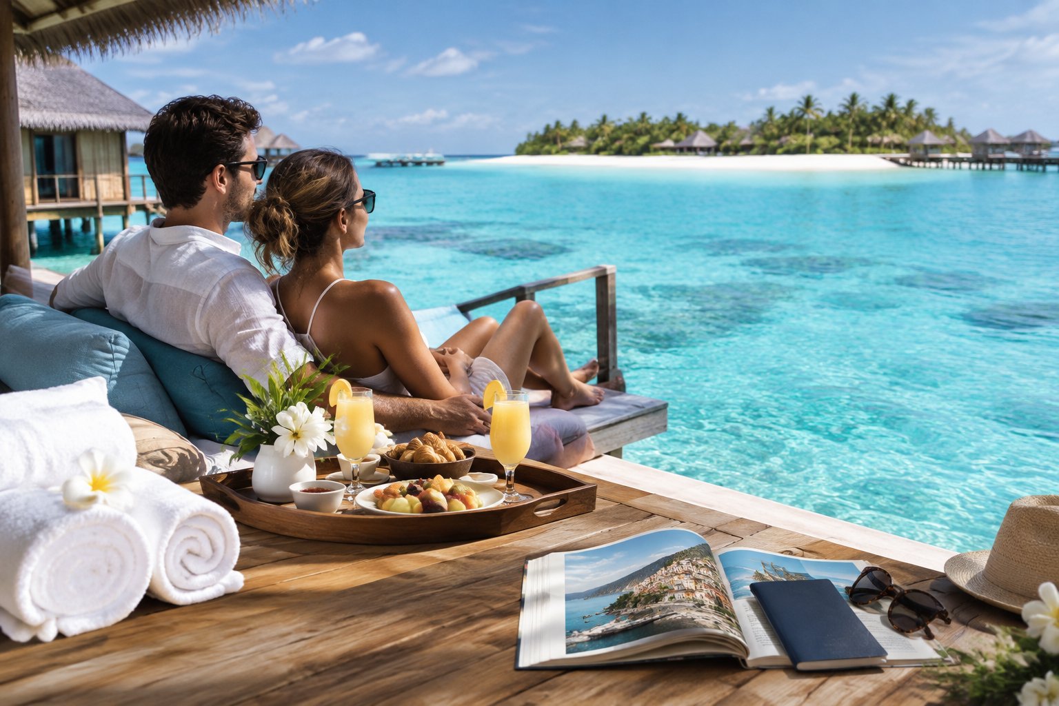 A couple enjoys breakfast on an overwater villa deck overlooking a turquoise Maldivian lagoon.