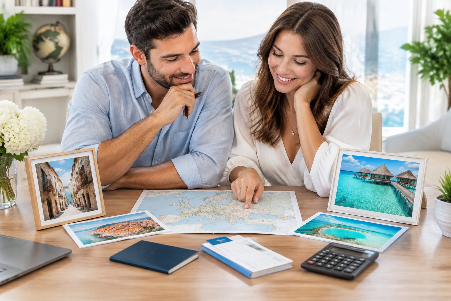 A newlywed couple compares European and Maldives honeymoon options at a travel-planning desk.