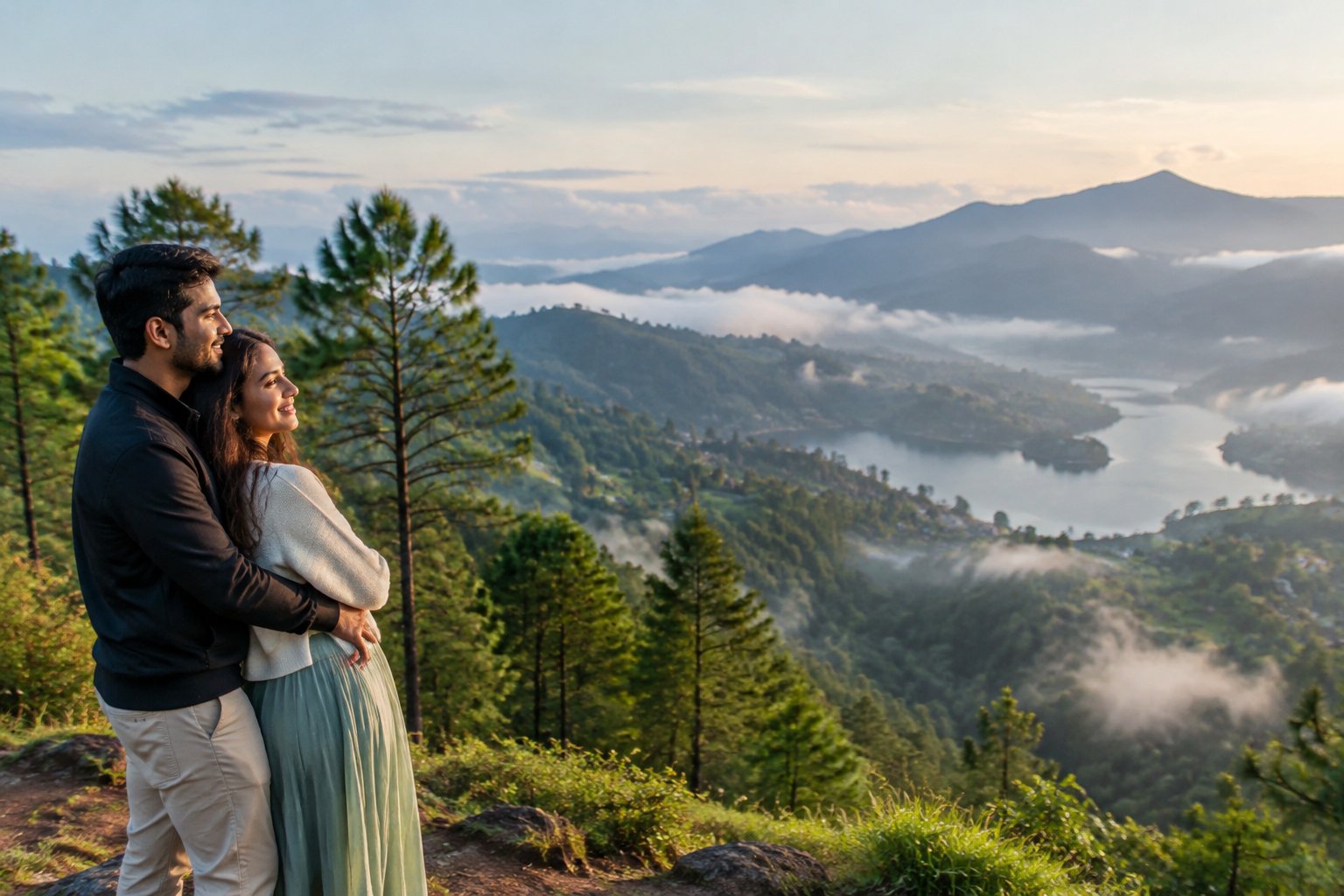 A newlywed couple admires the misty green hills and lake of Kodaikanal.