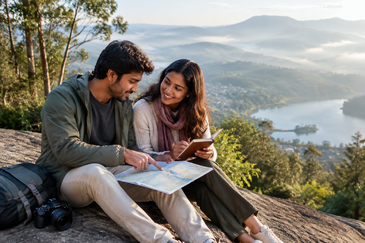 A couple reviews a travel map at a scenic viewpoint overlooking the hills of Kodaikanal.