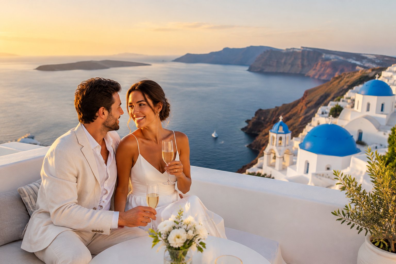 A newlywed couple relaxes on a terrace overlooking the blue Aegean Sea and whitewashed island buildings.