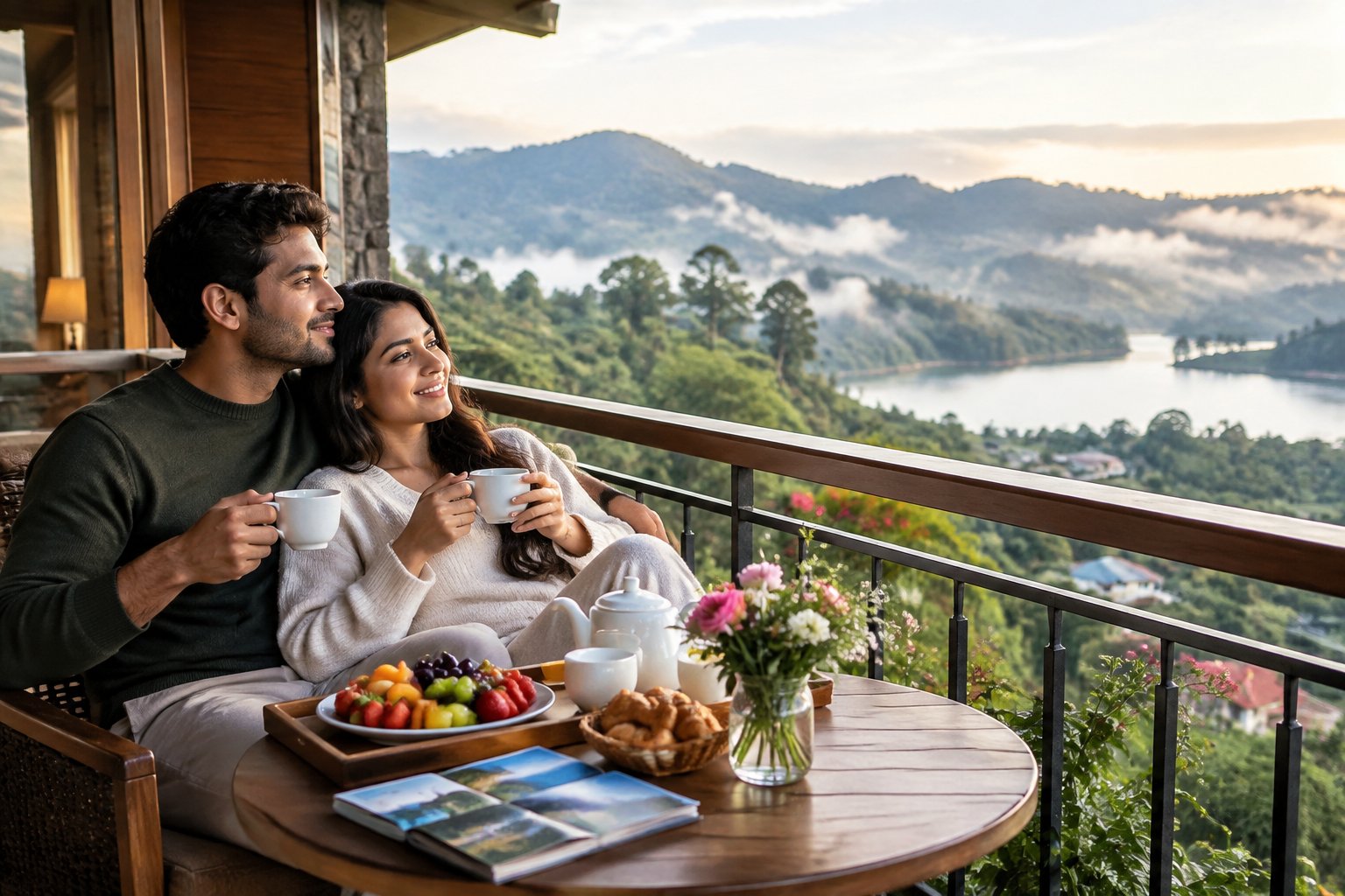 A newlywed couple shares breakfast on a resort balcony overlooking the green hills of Kodaikanal.