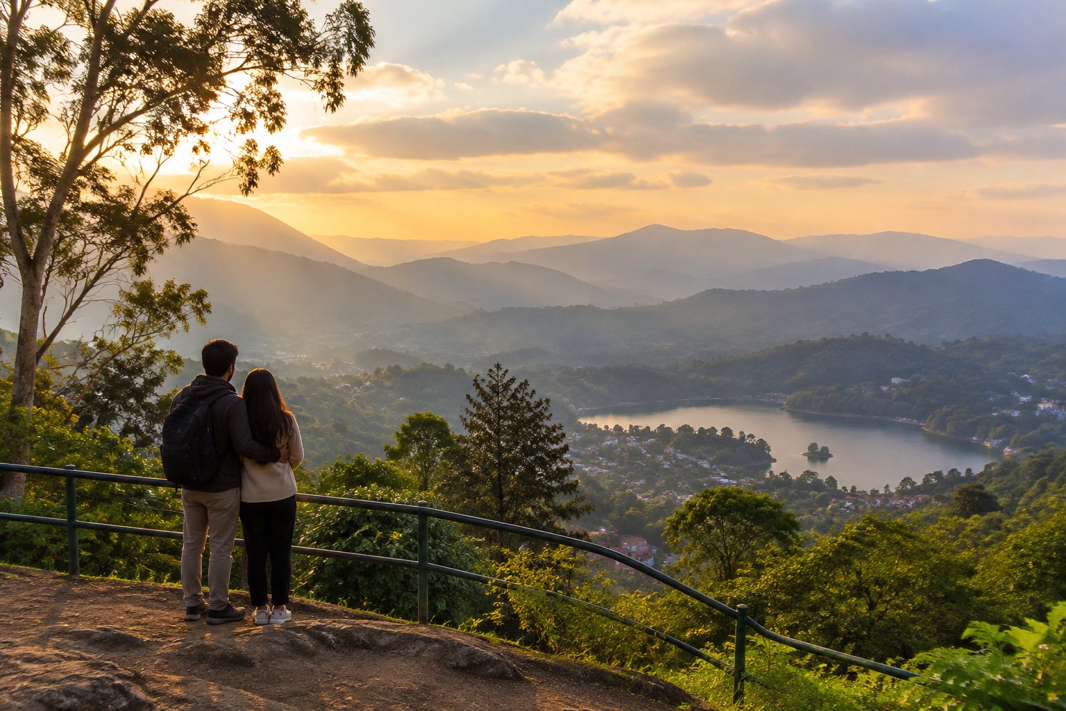 A couple admires the misty hills and lake from a viewpoint in Kodaikanal.