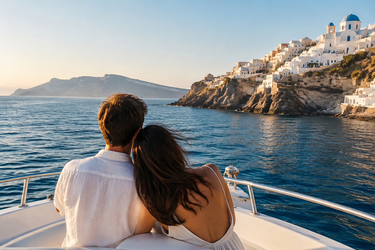 A couple on a boat looks toward whitewashed Greek island buildings across the blue sea.