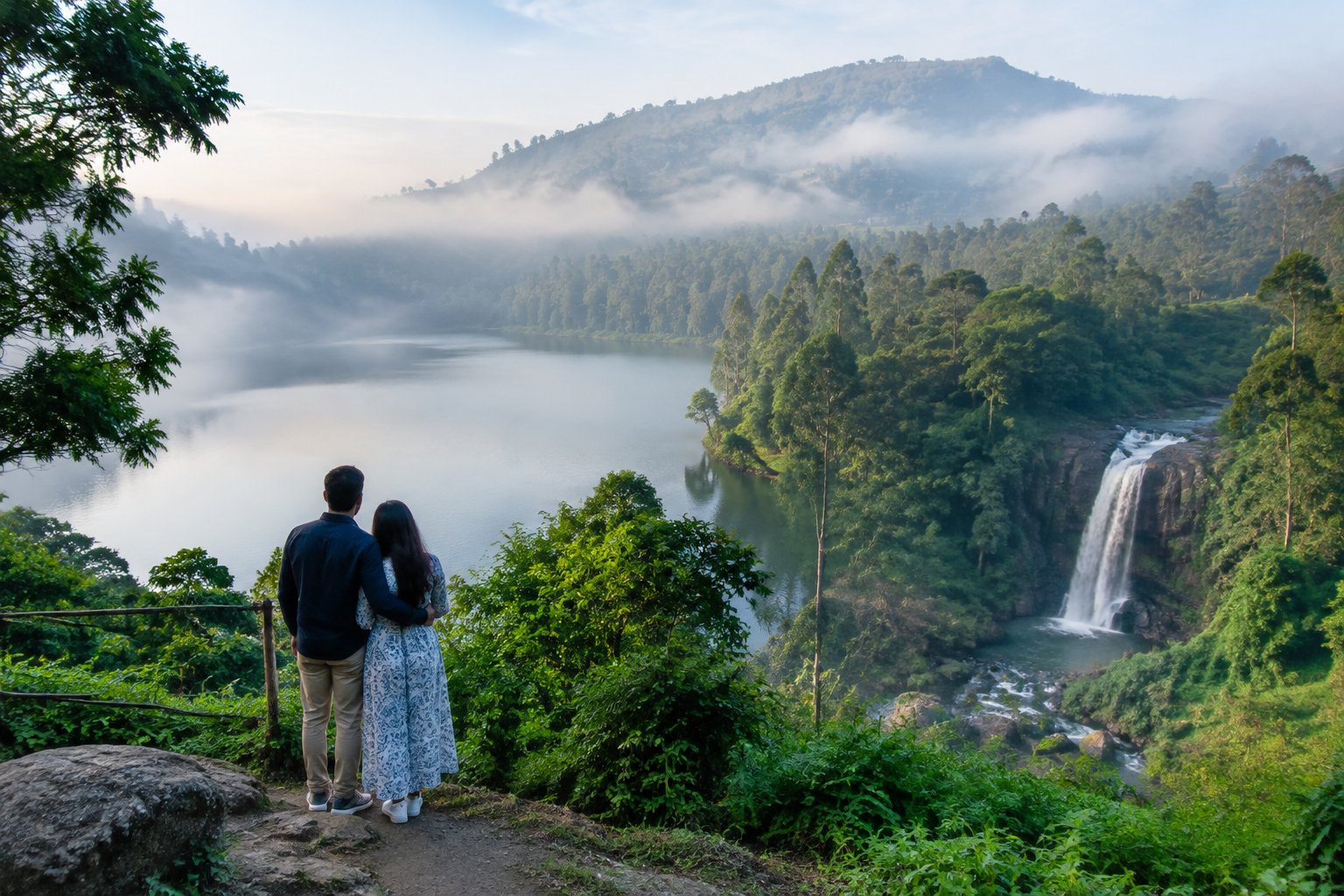 A couple overlooks a lake, forest, and waterfall in the misty hills of Kodaikanal.