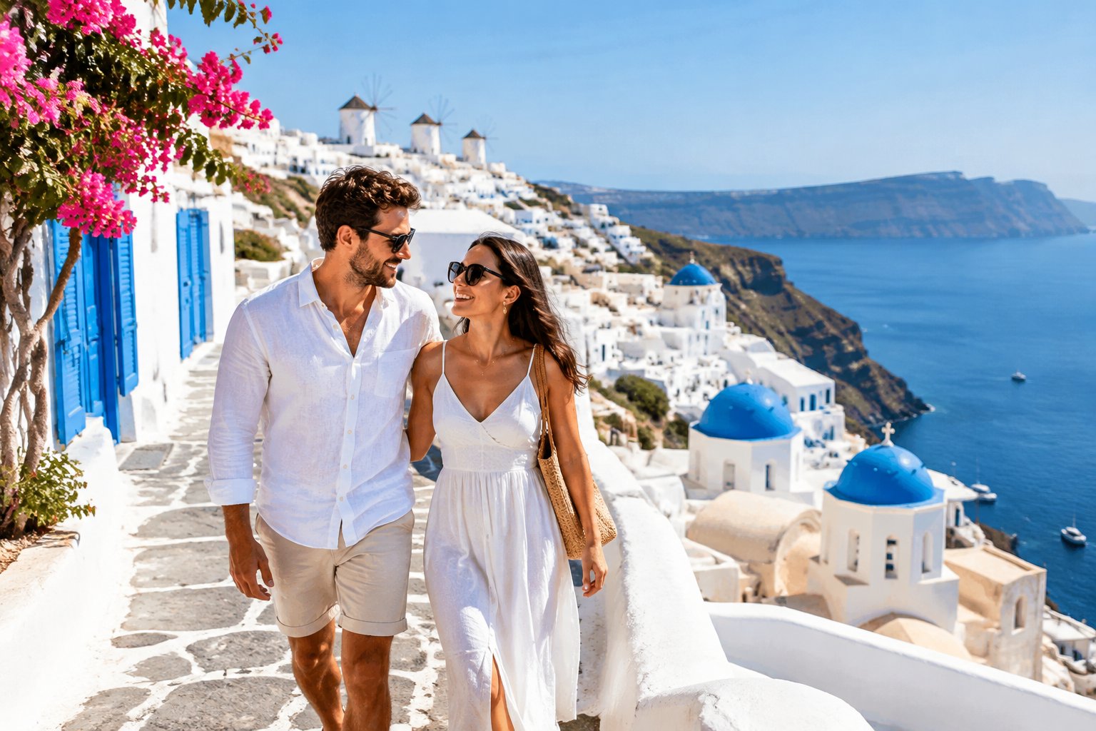 A couple strolls along a whitewashed Greek island lane overlooking the blue Aegean Sea.