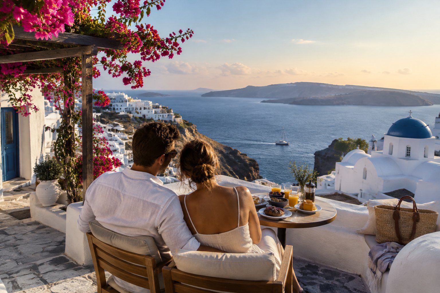 A couple shares breakfast on a terrace overlooking the Aegean Sea and white Greek island buildings.