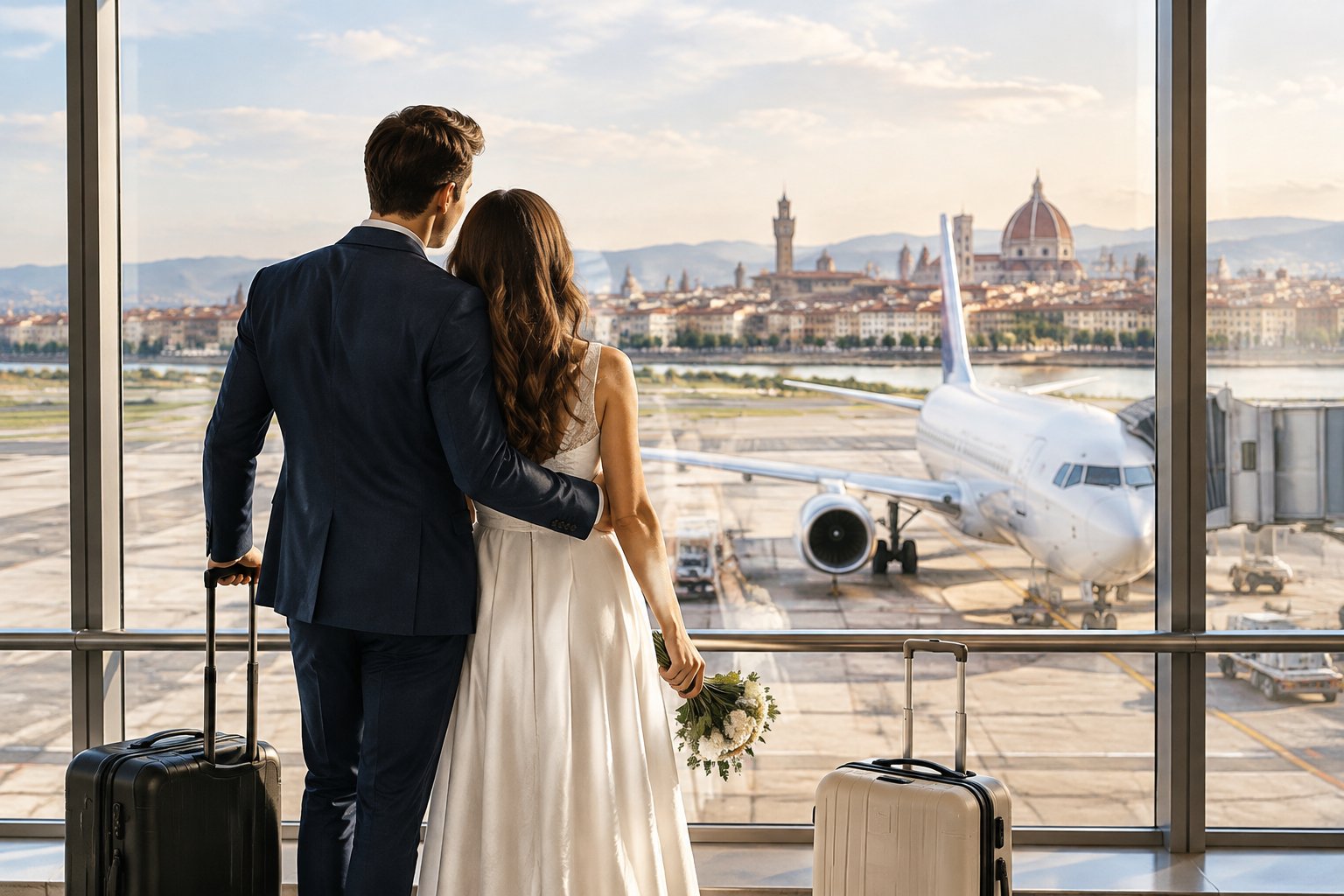 A newlywed couple with carry-on luggage looks through an airport window at a passenger airplane.