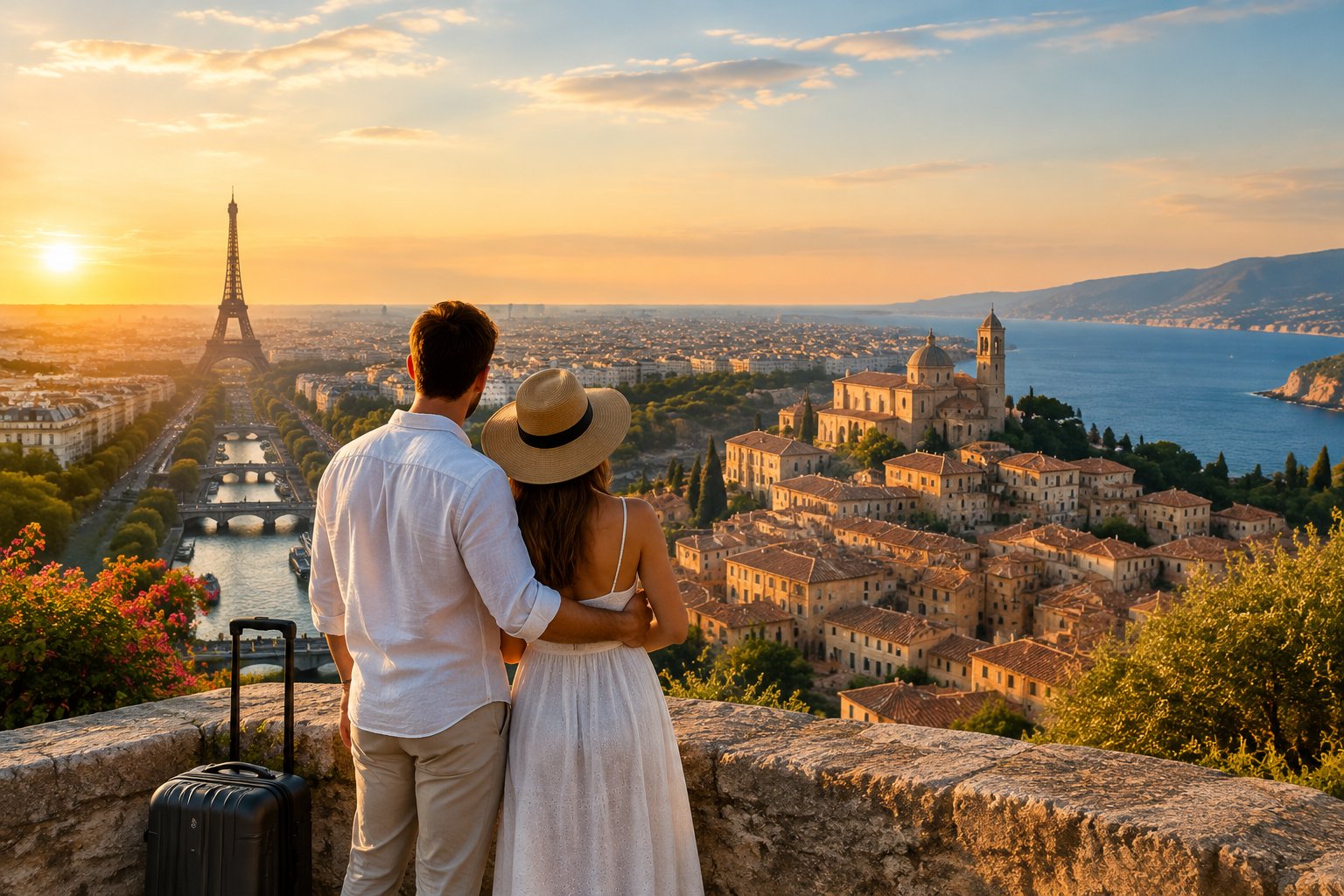 A newlywed couple admires a scenic view of European landmarks and coastline.