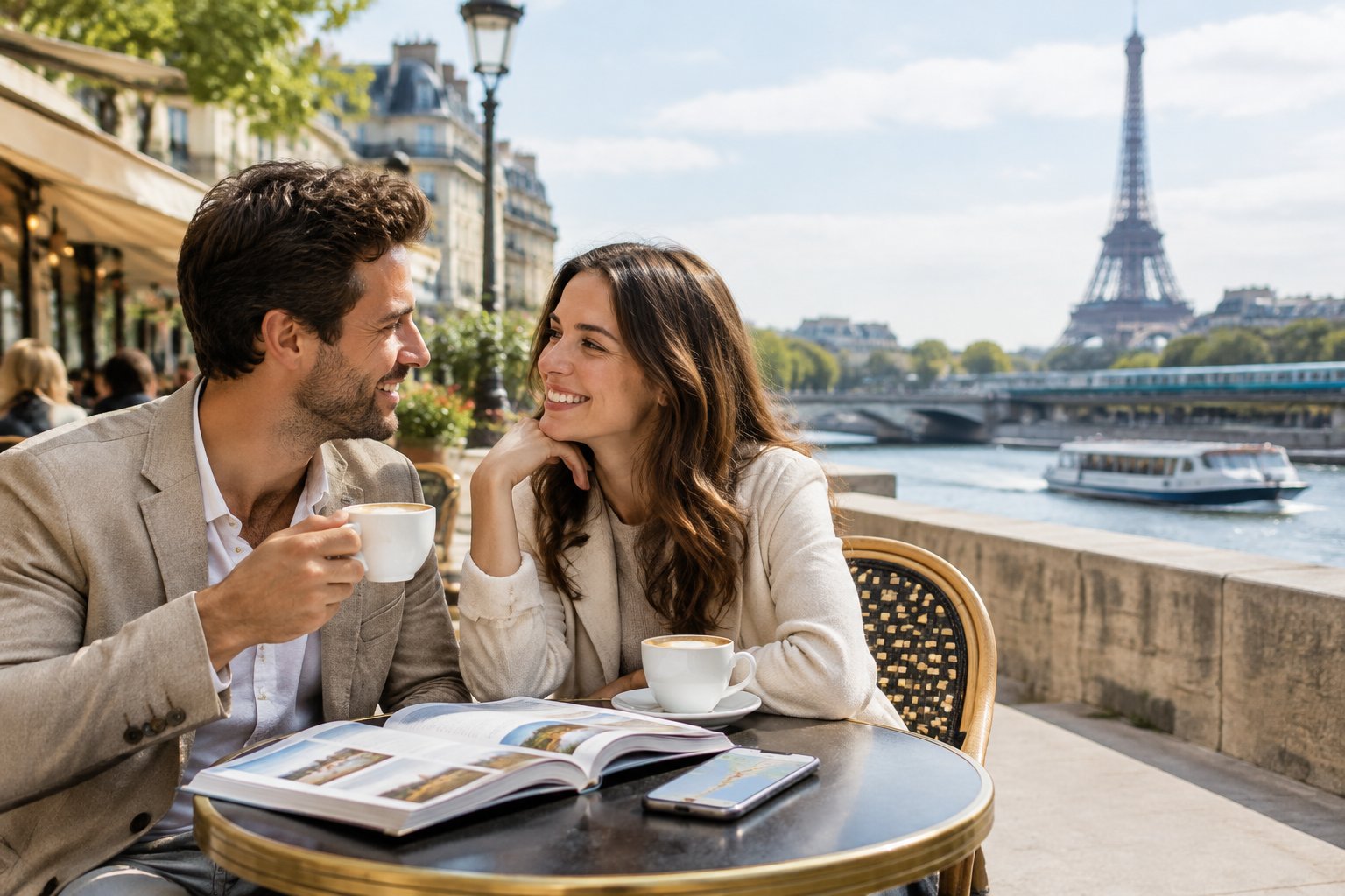 A newlywed couple plans a European trip at a café overlooking the Seine.