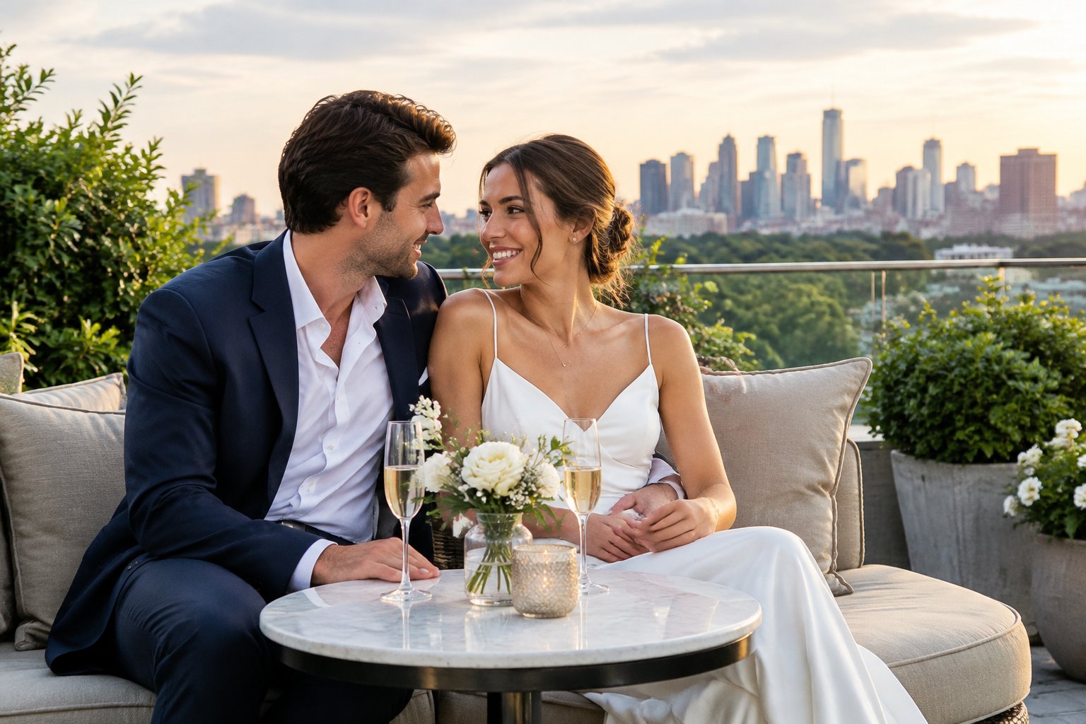 A newlywed couple relaxes together on a hotel terrace overlooking a city skyline.