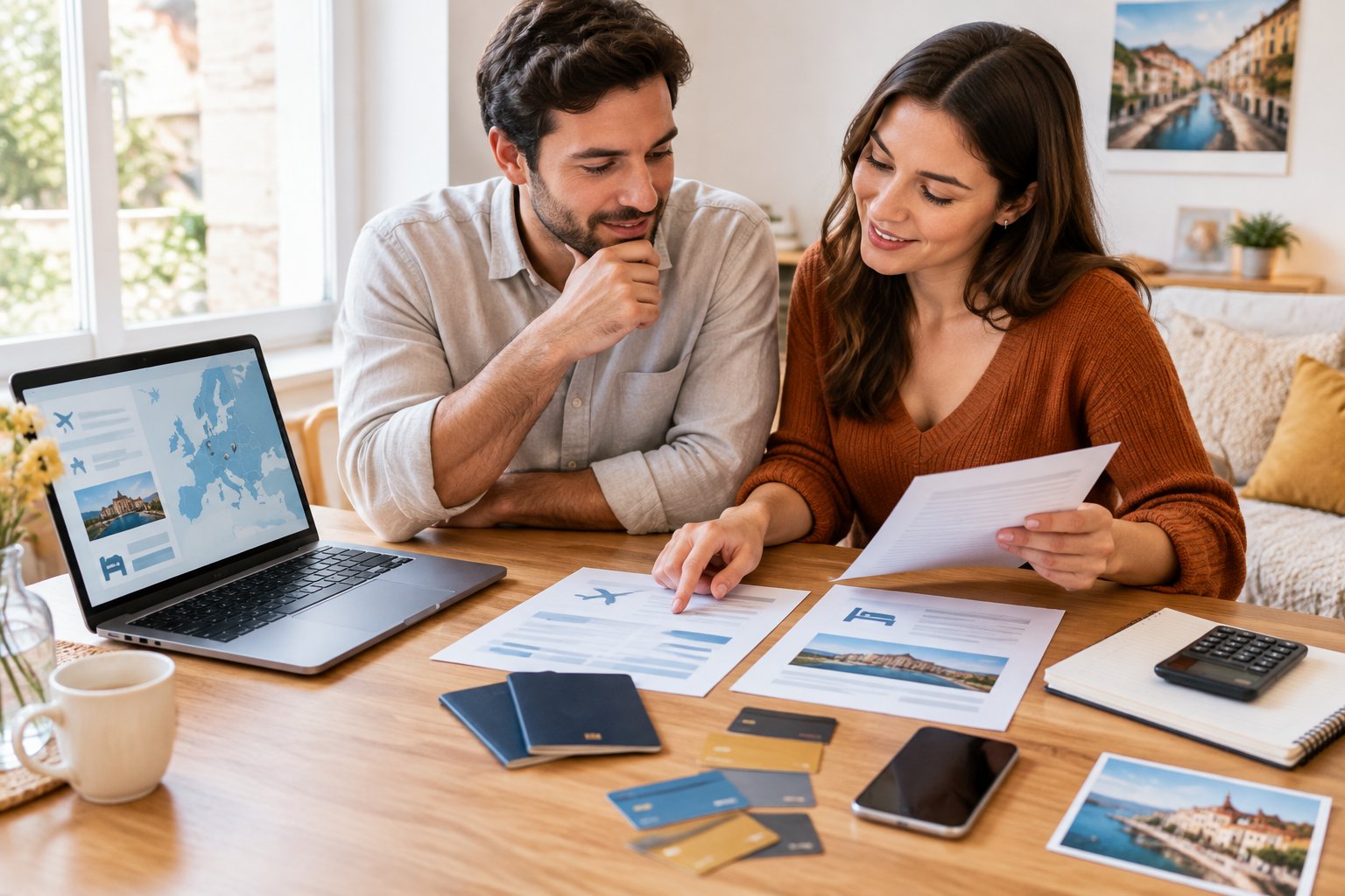 A newlywed couple reviews travel plans and expenses at a table.